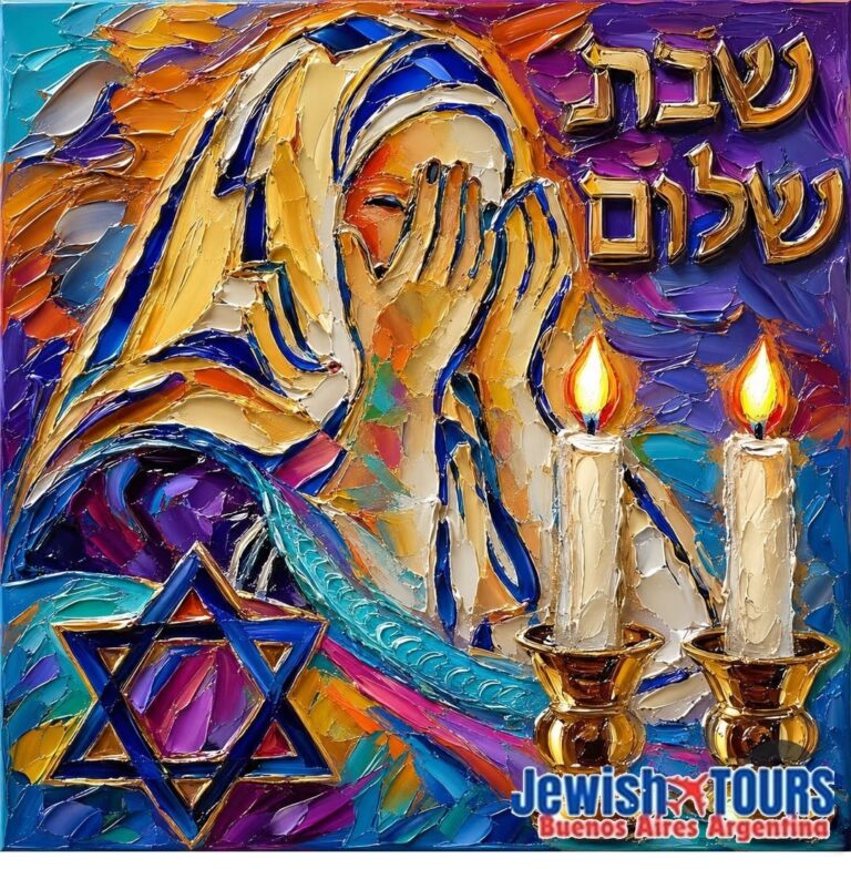 n oil painting with thick, textured brushstrokes depicting a Jewish woman with a head covering, her hands over her eyes in prayer. In the foreground are two lit Shabbat candles in golden candlesticks, a blue Star of David, and golden Hebrew text reading "Shabbat Shalom" on a vibrant background of blue, purple, and gold. The bottom right features the "Jewish Tours Buenos Aires Argentina" logo.