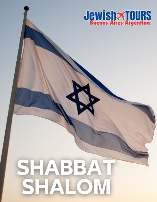 Israeli flag at sunset with Shabbat Shalom greeting