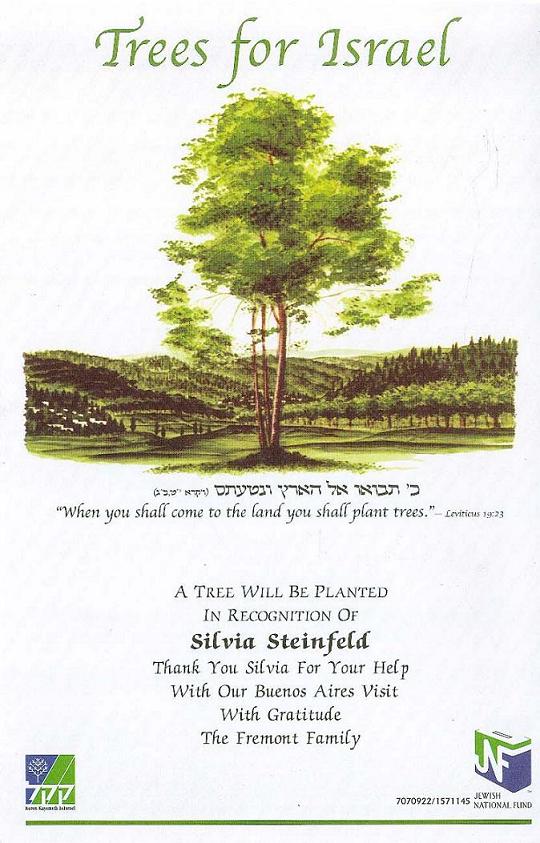 A Jewish National Fund "Trees for Israel" recognition certificate. At the top, green script reads "Trees for Israel" above an illustration of a tall green tree standing in front of rolling hills and forest landscapes. Below the illustration is Hebrew text accompanied by the English translation: '"When you shall come to the land you shall plant trees." — Leviticus 19:23'. The center text reads: "A TREE WILL BE PLANTED IN RECOGNITION OF Silvia Steinfeld. Thank You Silvia For Your Help With Our Buenos Aires Visit. With Gratitude, The Fremont Family." The bottom features the logos for Keren Kayemeth LeIsrael (KKL) and the Jewish National Fund (JNF).