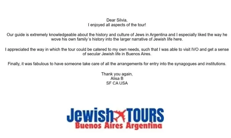 Guest review from Alisa B praising her Jewish heritage tour experience in Buenos Aires