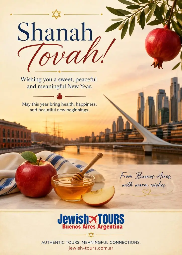 Rosh Hashanah greeting card in Buenos Aires featuring apple, honey, and Puerto Madero skyline – Jewish Tours Argentina.