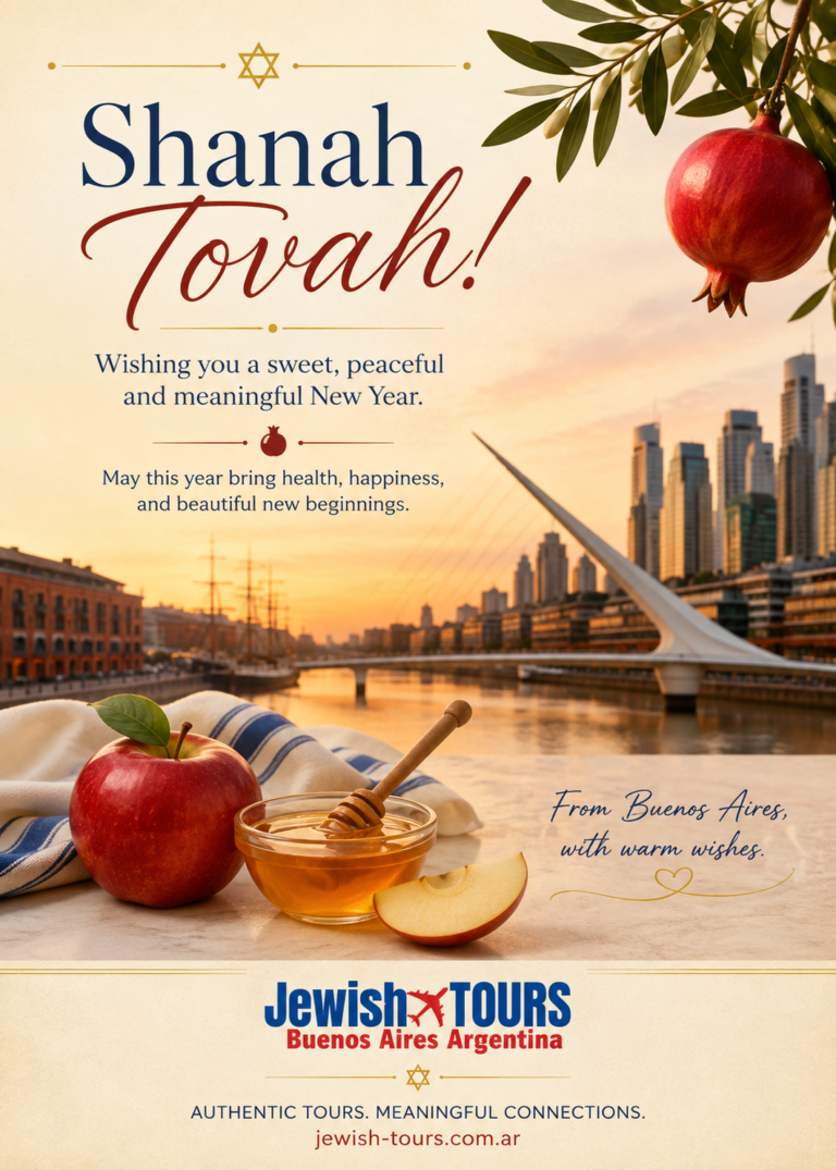Shanah Tovah greeting card with apples, honey, and Buenos Aires skyline at sunset – Jewish Tours Argentina