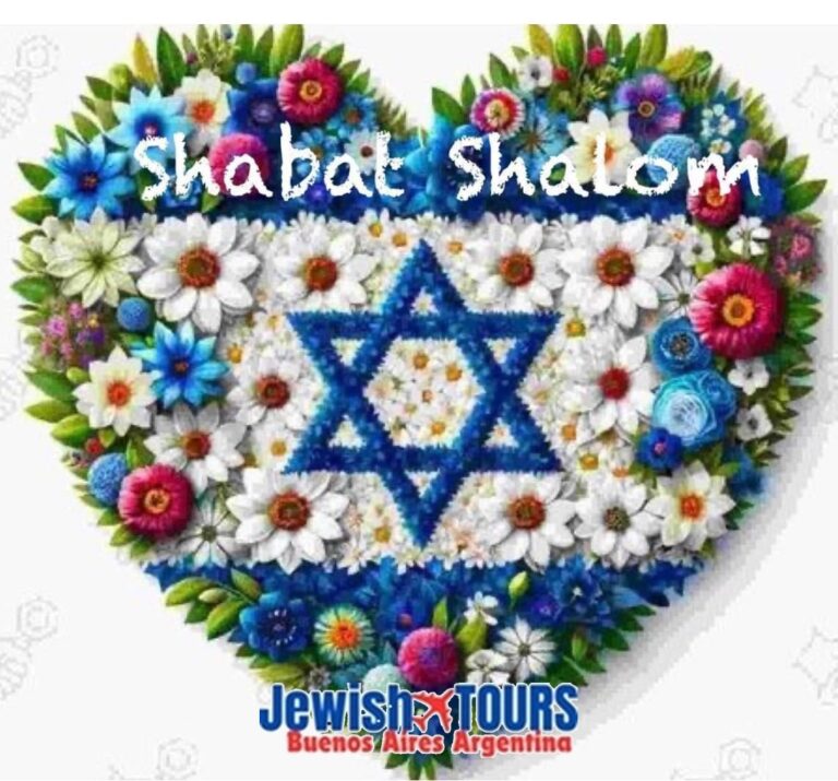 Shabbat Shalom greeting featuring a colorful heart-shaped arrangement of blue and white flowers, a Star of David, and the Jewish Tours Buenos Aires Argentina logo