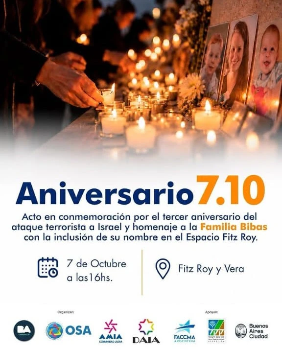 Candlelight vigil with photos of the Bibas Family during the October 7th commemoration in Buenos Aires. Jewish Tours Argentina will participate and be present at the tribute at Fitz Roy and Vera