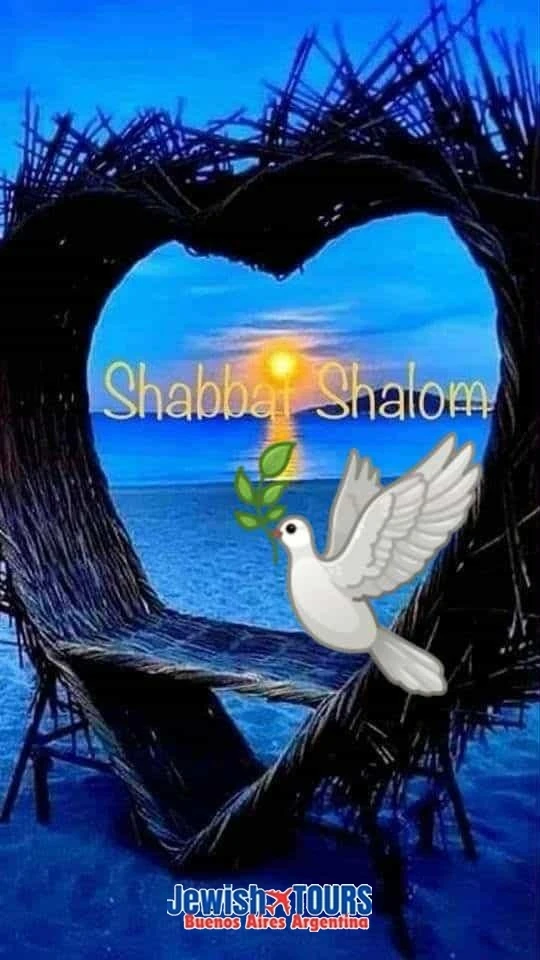 Heart-shaped driftwood frame over the sea at sunset with a white dove carrying an olive branch and the words “Shabbat Shalom”, Jewish Tours Buenos Aires