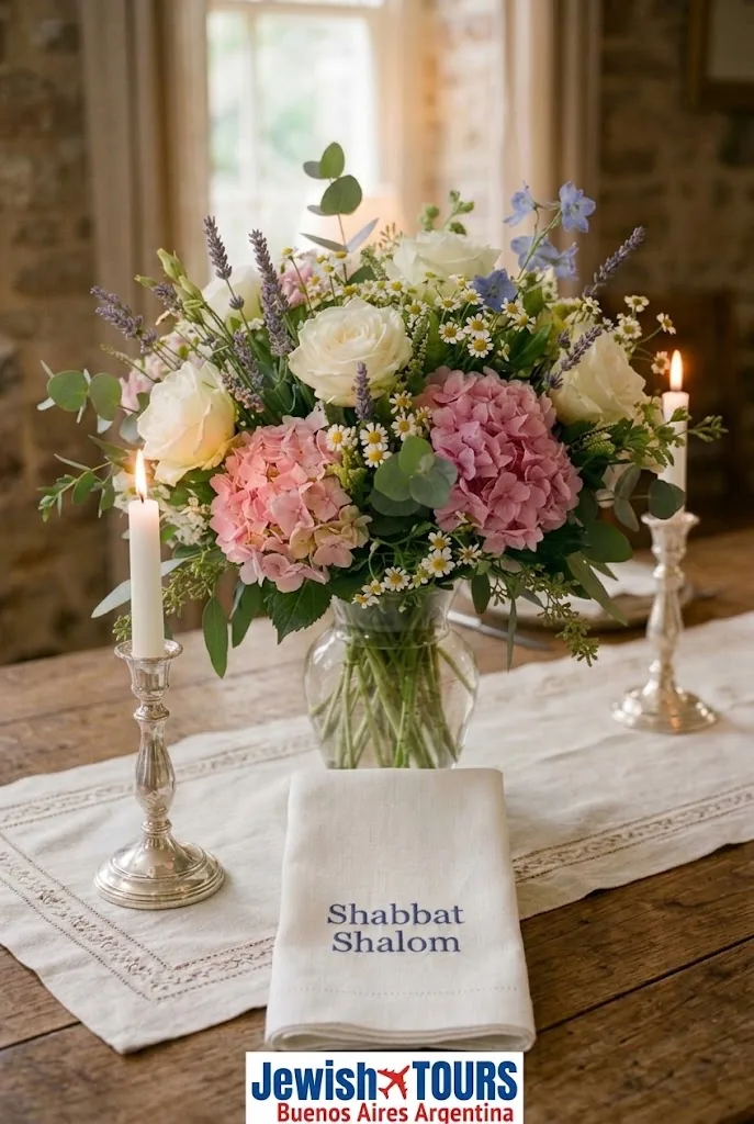 Shabbat Shalom table setting with floral centerpiece and Shabbat candles in Buenos Aires